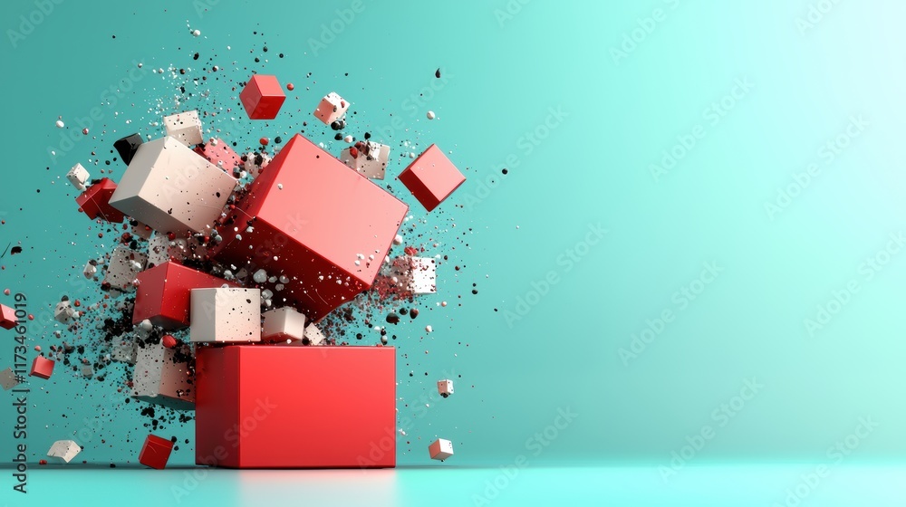 Aufkleber a vibrant explosion of red and white cubes against a mint green background, creating a dynamic and a