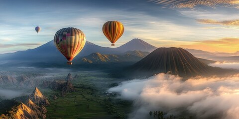 Fototapeta premium Majestic Mount Fuji at sunrise, hot air balloons floating above misty clouds, vibrant orange and pink sky, serene landscape, dreamy atmosphere, aerial view, panoramic composition, ethereal lighting, r