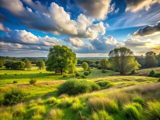 Naklejka premium Panoramic Dutch Plain Landscape: Epen Bronnenland Nature Reserve, Gulpen-Wittem, South Limburg, Netherlands - Cloudy Day