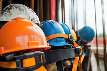 Construction site safety gear with helmets and seat belts for workers in preparation