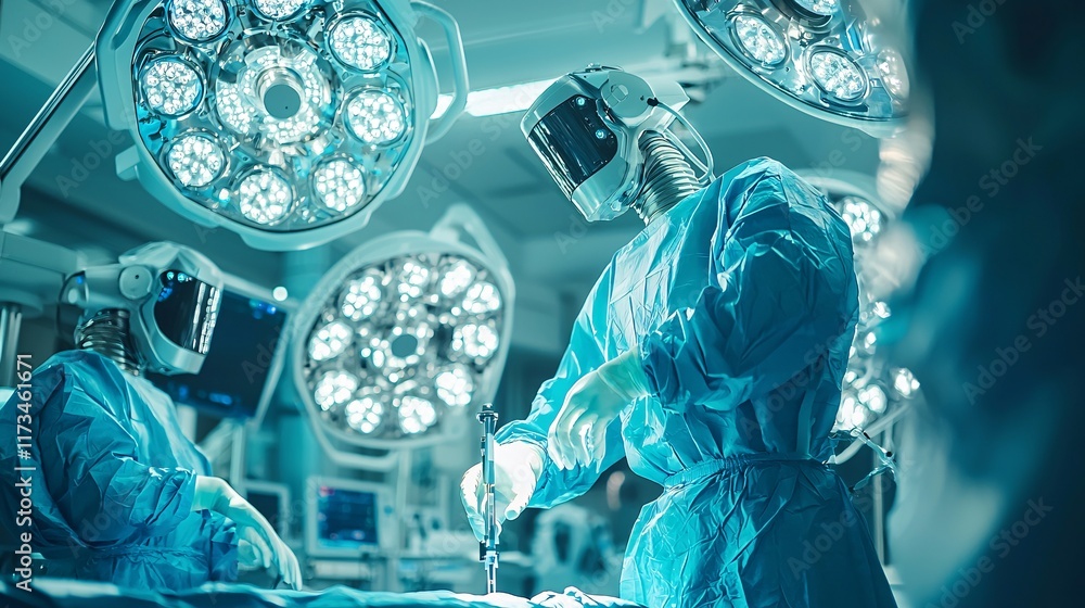 Poster Robotic arms performing complex surgical procedures in a state-of-the-art operating room Stock Photo with side copy space