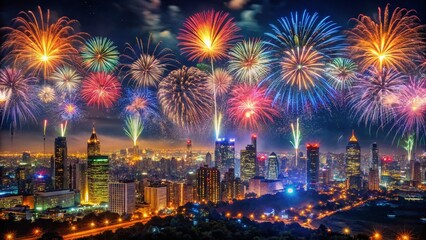 Panoramic Fireworks Display over Cityscape - New Year's Eve Celebration