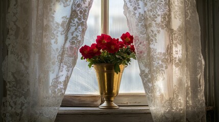 Golden vase with red flowers framed by lace curtains in a Norwegian home.