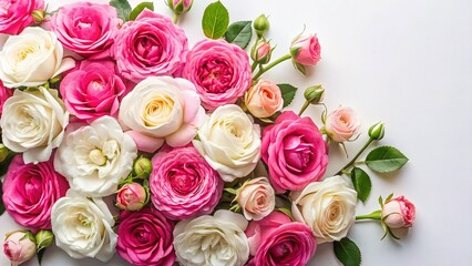 Panoramic Flat Lay of Pink & White Shrub Roses on White Background - Perfect for Text Overlay
