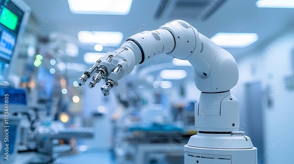Aufkleber A surgeon controlling robotic arms via a high-tech console in a surgical suite Stock Photo with side copy space