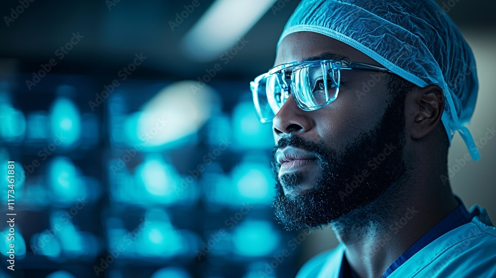 Poster A surgeon controlling robotic arms via a high-tech console in a surgical suite Stock Photo with side copy space