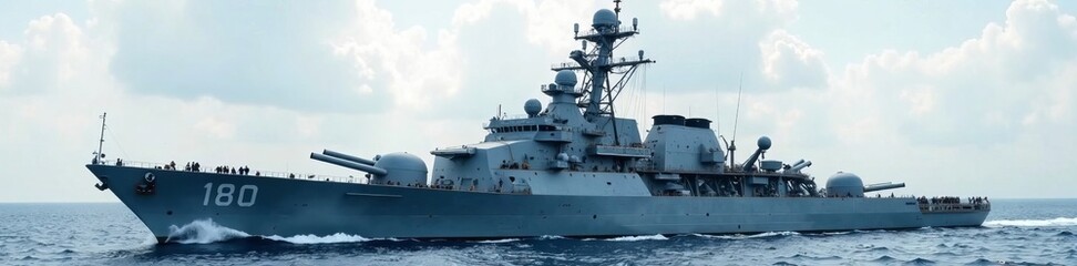 Naklejka premium Large gray battleship with multi-tiered gun turrets and communication equipment , gray, machinery
