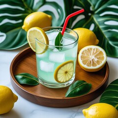 Fresh orange juice in glass cup next to a sliced orange