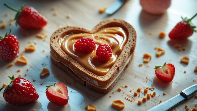 Heart-shaped toast with spread and berries, perfect for a special day!