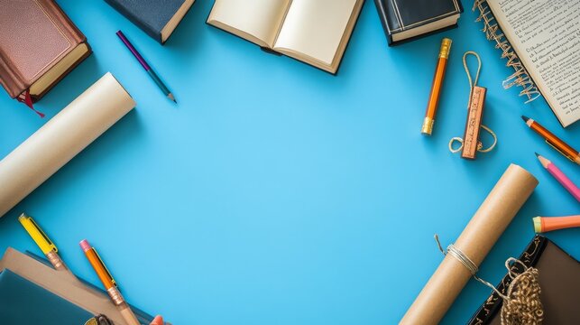 Graduation theme with books, scrolls, and pencils on a blue backdrop.