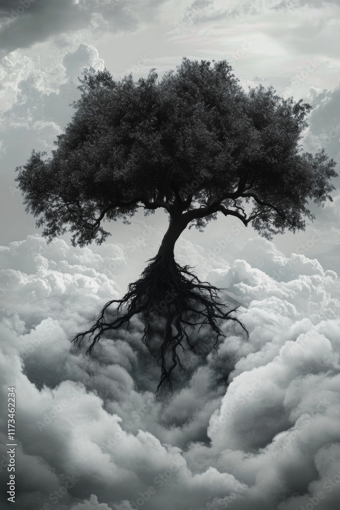 Poster a mystical tree with exposed roots floats above the clouds, creating a surreal and dreamlike atmosph