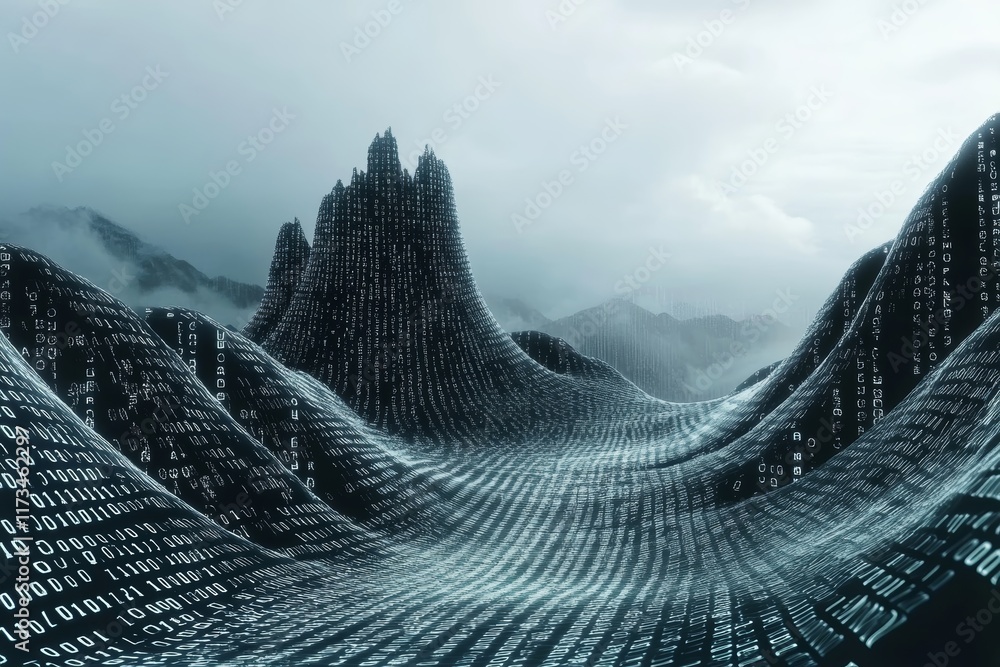Poster surreal digital mountain range composed of binary code with clouds and mysterious atmosphere