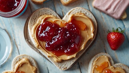 Heart-shaped peanut butter and jelly sandwiches, a sweet treat perfect for any occasion. Enjoy!
