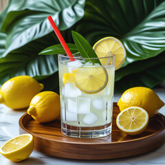 Fresh orange juice in glass cup next to a sliced orange