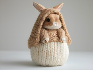 Fototapeta premium beige knitted bunny toy with long ears and a hooded garment, displayed on a neutral background.