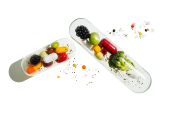 a open pill capsule with various vegetables and fruits flying out isolated on a transparent background