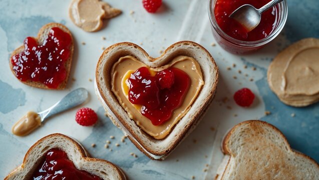 Heart-shaped peanut butter and jelly sandwich. A sweet treat perfect for Valentine's Day or any special occasion. Made with love! - Powered by Adobe