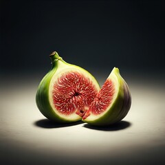 Fig fruit, cross-section, vibrant pink interior, green exterior, closeup, realistic, detailed, high contrast, white background, food photography, botanical illustration, juicy, ripe, fresh, organic, t