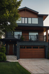 Fototapeta premium Two-Story Modern House with Dark Gray Siding and Wood Garage Door