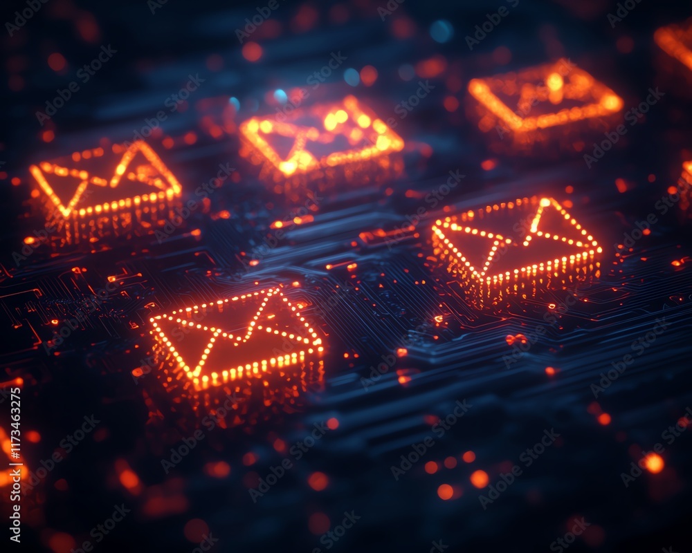 Poster mail communication and networking concept, digital yellow and red envelope symbols, dark circuit bac