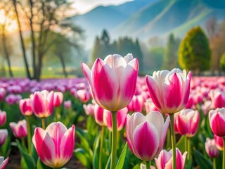 Obraz premium Panoramic Kashmir Tulip Garden: Delicate Pink & White Tulips