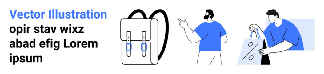 Backpack with straps, person gesturing, another holding shopping bags. Ideal for e-commerce, travel, shopping, outdoor activities, lifestyle modern living minimalistic design. Landing page