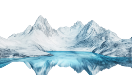 a snow-covered mountains with lake water reflection isolated on a transparent background 