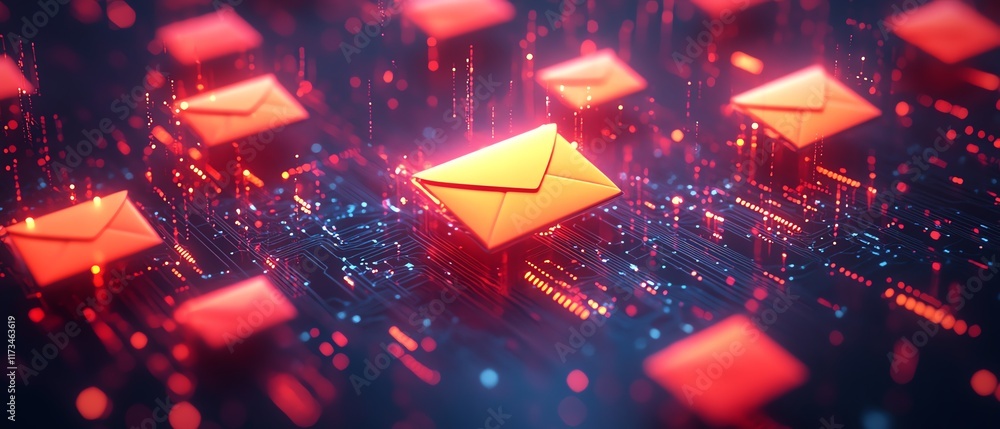Poster networking and mail communication concept, digital yellow and red envelope symbols on dark circuit b