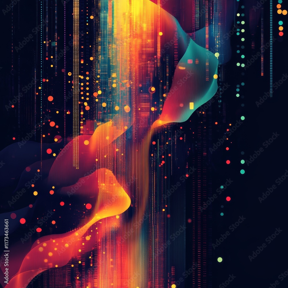 Poster explore a vivid abstract background showcasing dynamic data visualization elements in bright, colorf