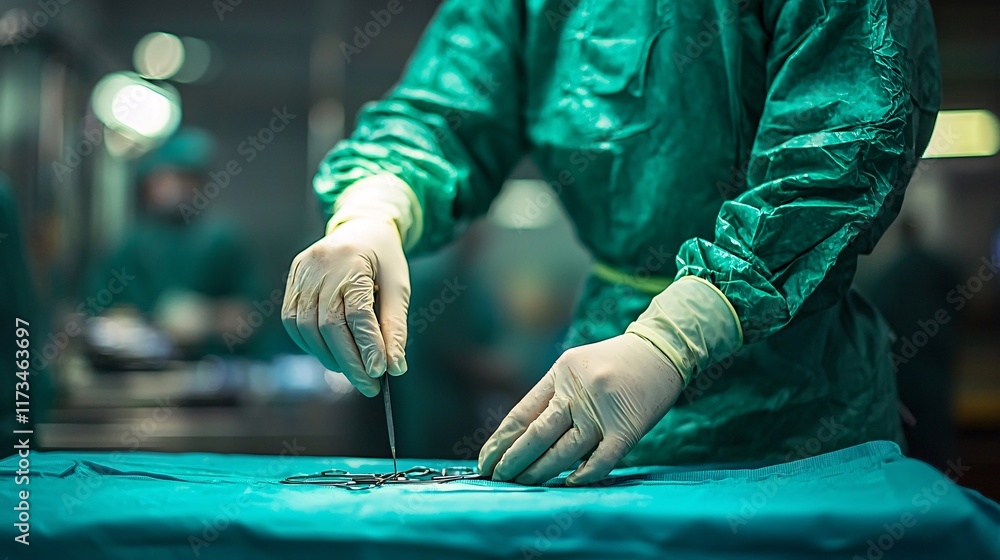 Poster robotic surgery instruments being sterilized in preparation for use stock photo with side copy space