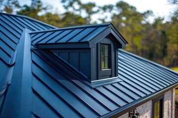 Dark blue metal roof tiles enhance modern home design in natural setting