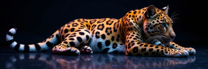 Leopard skin with intricate spots and vibrant colors on display in a dark room, exotic, conservation