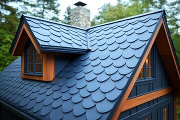Dark blue metal roof tiles add elegance to a charming house in a serene, wooded setting