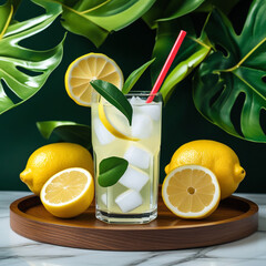 Fresh orange juice in glass cup next to a sliced orange