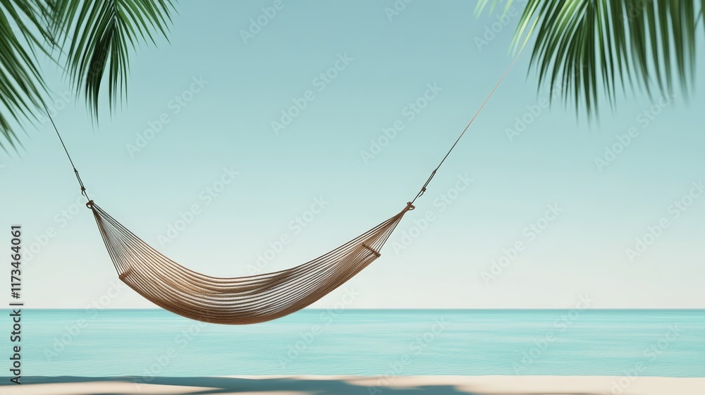 Poster Empty hammock swaying gently between two palm trees on a tropical beach, inviting relaxation and capturing the carefree essence of summer vacations in paradise