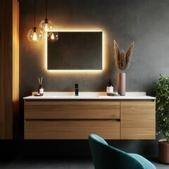 Modern bathroom vanity, round mirror, hanging globe lights, warm ambient lighting, wooden cabinet, turquoise velvet armchair, potted cactus plants, minimalist design, earthy tones, stylish interior, c