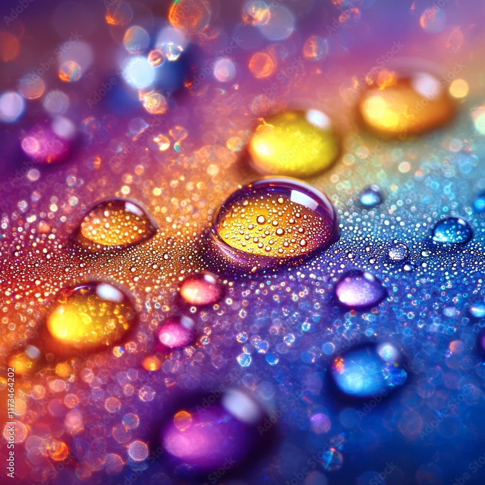 Poster water droplets sit cd surface reflecting spectrum colors creating iridescent patterns. macro shot ca