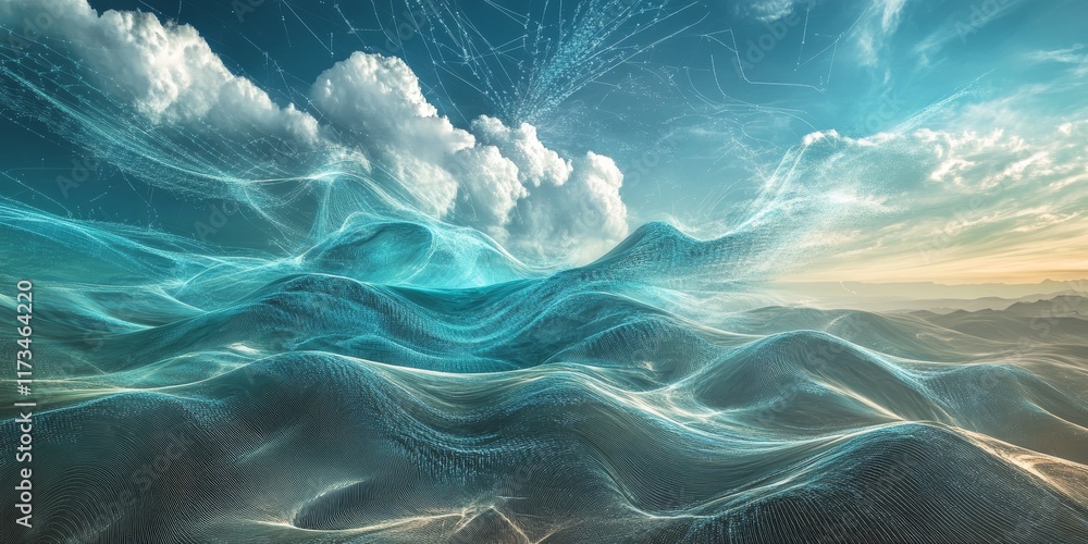 Poster experience a captivating surreal landscape depicting flowing data and clouds that merge abstract vis