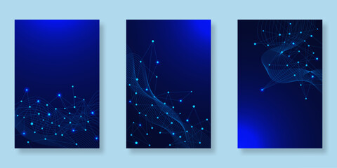 Set of abstract technology poster for science future innovation on dark blue background. Futuristic dots and connecting lines for book cover, pamphlet and brochure design