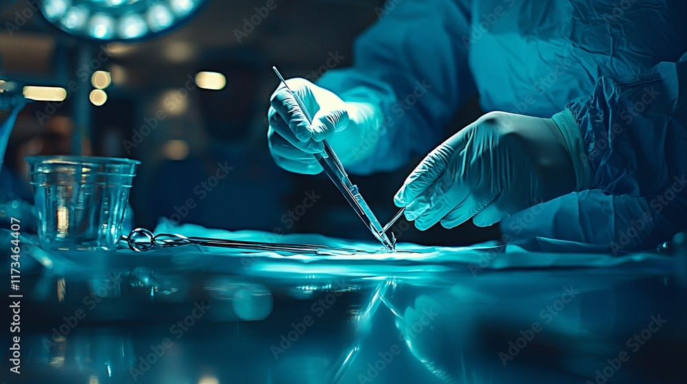 Poster Laparoscopic instruments being used in a minimally invasive surgical procedure Stock Photo with side copy space