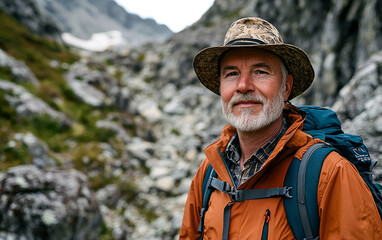 Obraz premium Outdoor portrait of a man standing near a mountain trail, with a rugged background, showcasing strength and adventure in a natural, breathtaking setting.