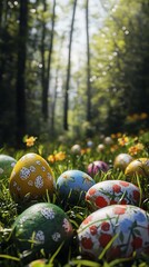 A vibrant collection of painted Easter eggs nestled in a lush forest setting.