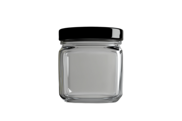 Empty glass jar with black lid for storage.