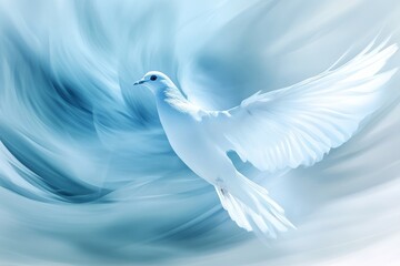 A stunning white dove gracefully soars through a swirling blue backdrop, symbolizing peace and freedom.
