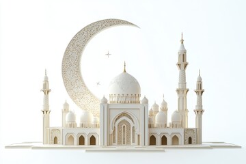 Obraz premium 3D Moon and Mosque Illustration Isolated and White Background