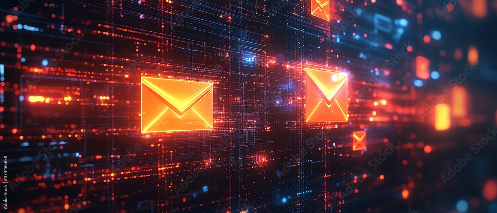 Poster networking and mail communication concept, digital yellow and red envelope symbols on dark circuit b