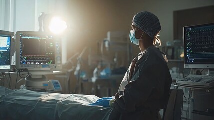 Patient undergoing laparoscopic surgery with a focus on minimally invasive techniques Stock Photo with side copy space