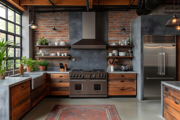An industrial-style kitchen with exposed brick walls, stainless steel appliances, dark wood cabinetry, and open shelving. Black and gray tones dominate the space, pendant lighting