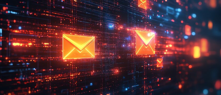 Networking and mail communication concept, digital yellow and red envelope symbols on dark circuit background, 3D rendering, futuristic tech design, glowing envelopes