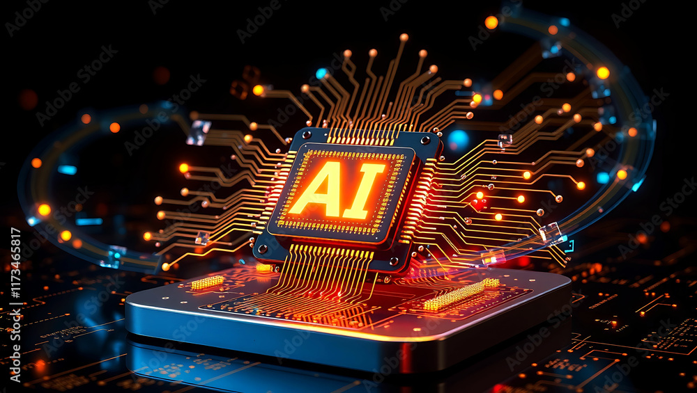Aufkleber artificial intelligence processor on futuristic circuit board and colures.